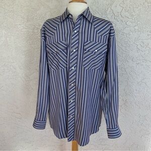 Vintage Pearl Snap Western Rodeo Cowboy Shirt LS Blue Tan Stripes No Tags